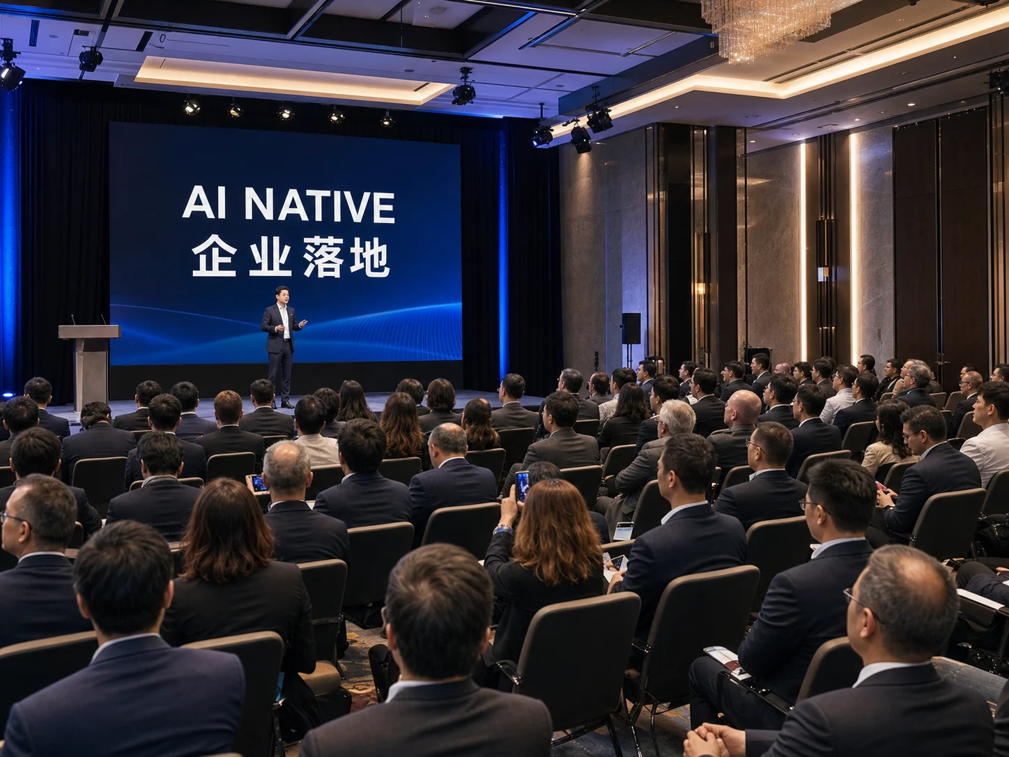 International business audience attending an AI Native enterprise implementation keynote at a premium industry forum