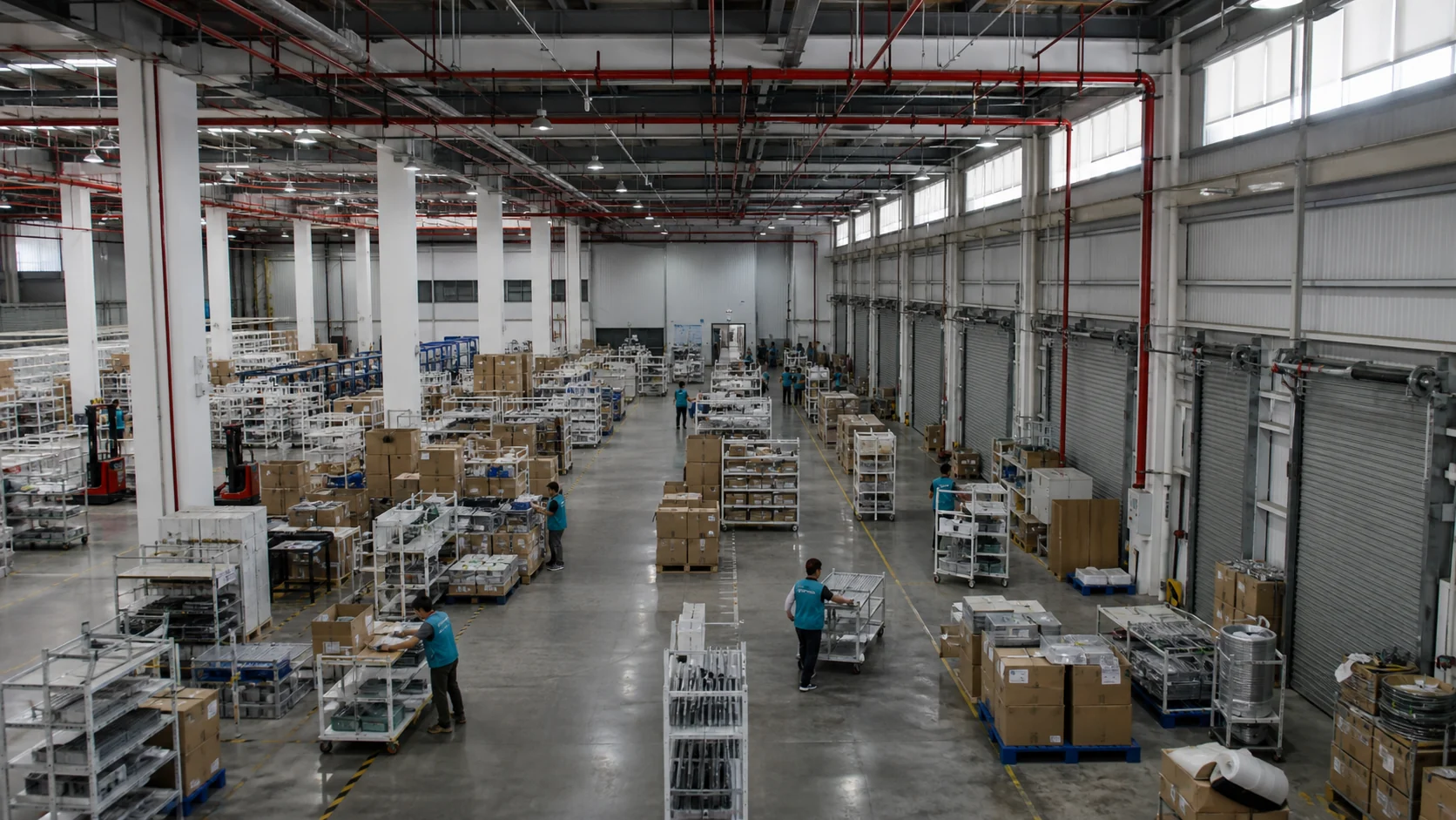 Workers organizing and moving goods inside a modern industrial warehouse